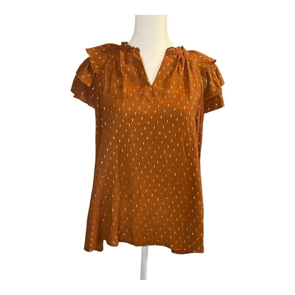 Nanette Lapore Women's Rust and Gold Top with Ruffle Sleeves 8